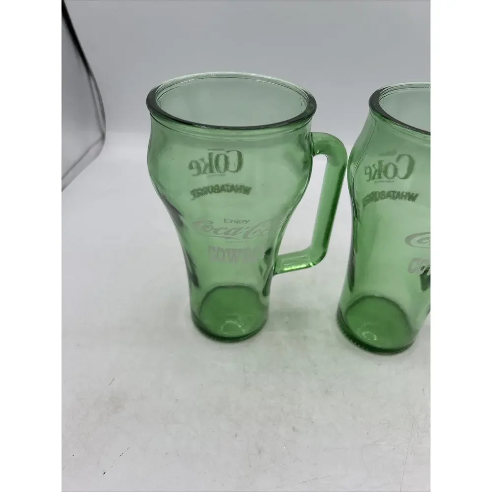 2 Vintage 1980's Coca-Cola Cowboy Whataburger Green Glass Handled Mugs